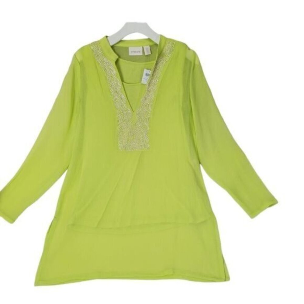Chicos Womens Luxe Coastal Chic‎ Embellished Tunic 0 S Lime Green Beaded Top NEW